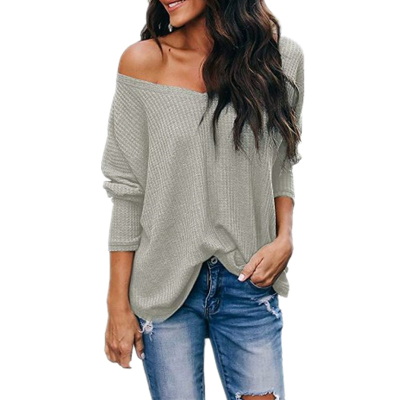 V Neck Off Shoulder Loose Long Sleeve T Shirt Autumn Style Comfortable Fabric Versatile Wear Wholesale Available