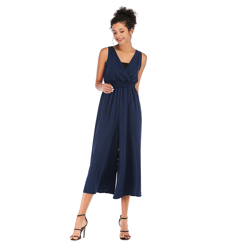 Womens Solid Color V Neck Jumpsuit Wrap Waist Adjustable Straps Wide Leg Three Quarter Length Casual or Evening