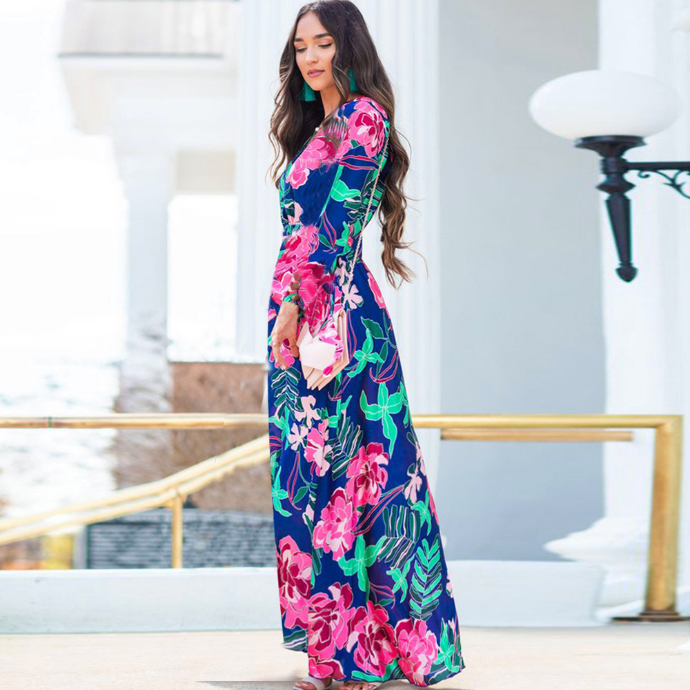 Spring Womens Long Dress V Neck Mid Waist Floral Print Long Sleeve Casual or Formal Wear Wholesale Available