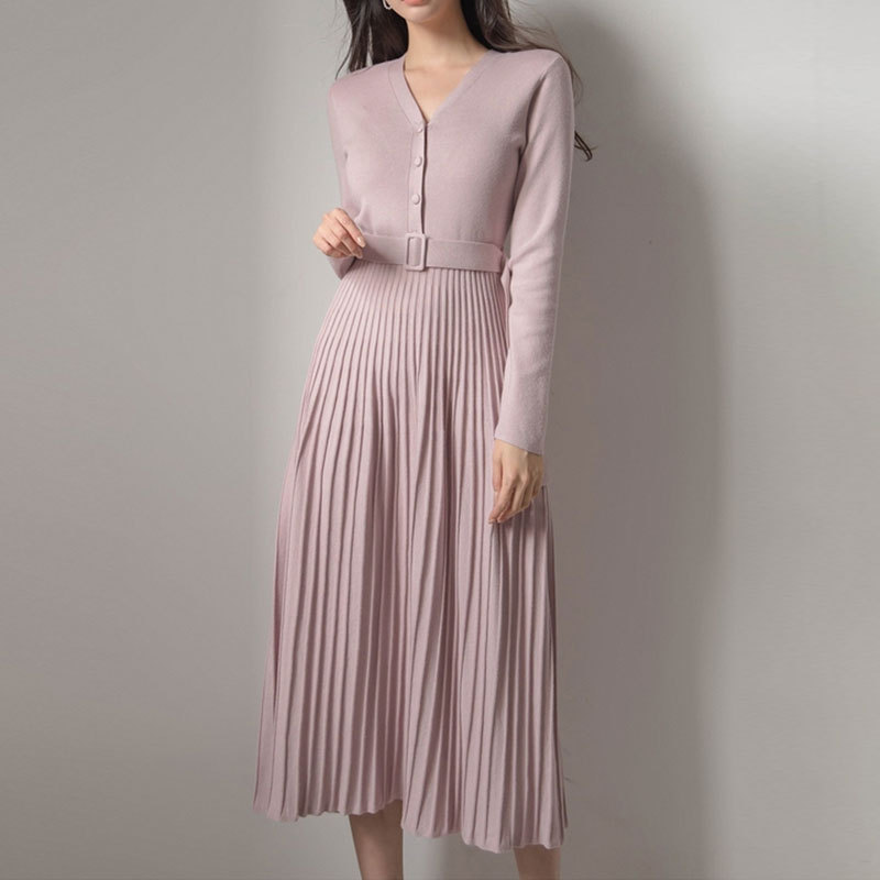 Women's Elegant Knit V-Neck Long-Sleeve Pleated Dress