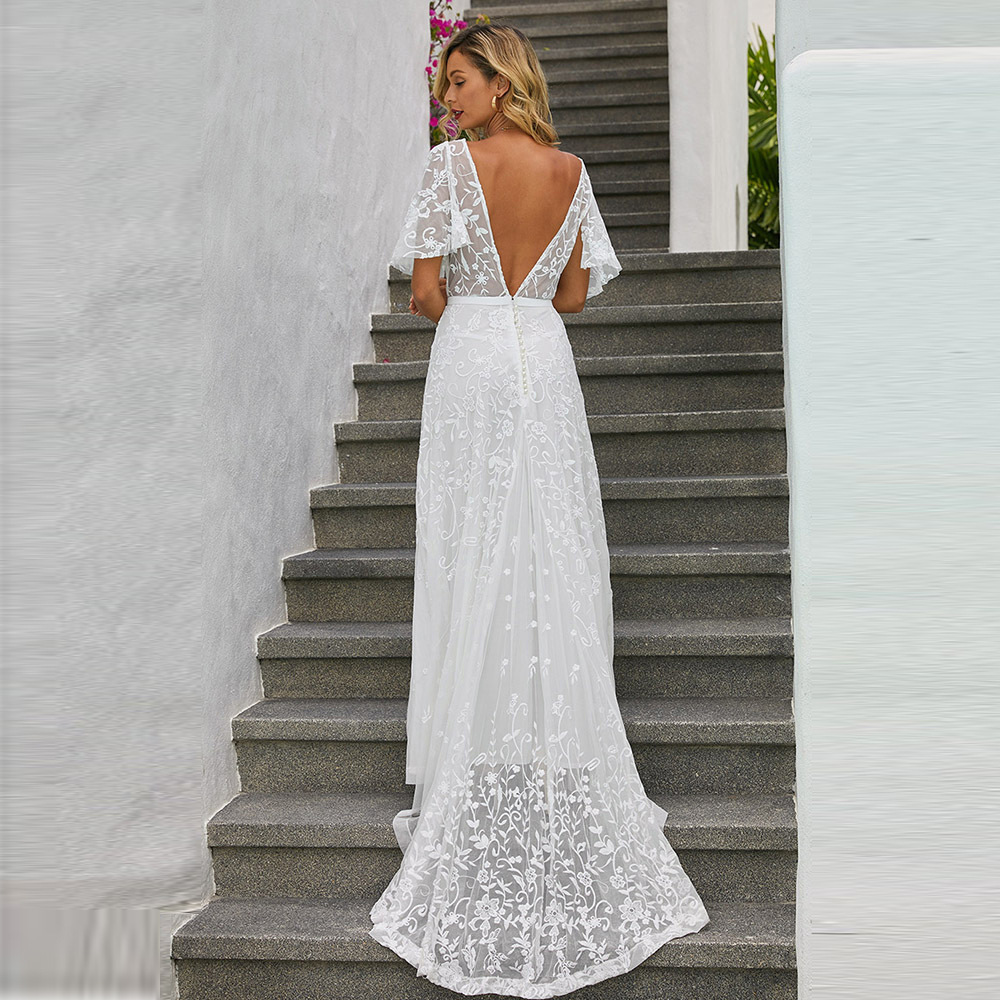 Summer Womens Evening Dress V Neck Short Sleeve Lace Floral Print Maxi Length Formal Events Wholesale Available