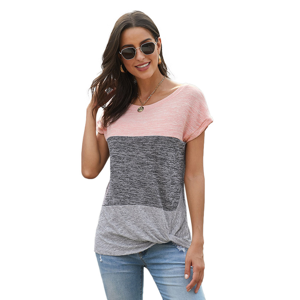 Color Block Asymmetrical Neck Short Sleeve Top Loose Fit Casual Style Perfect for Spring and Summer Wholesale