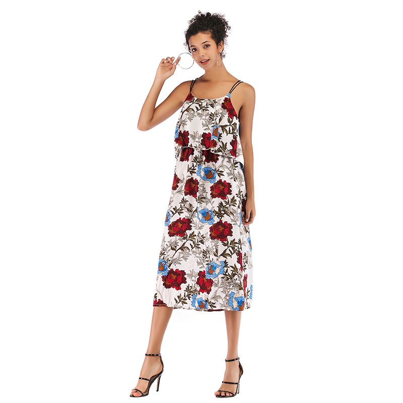 Summer Womens Dress Slim Fit Backless Waist Cinching Fresh Floral Print Chiffon Fabric Perfect for Casual