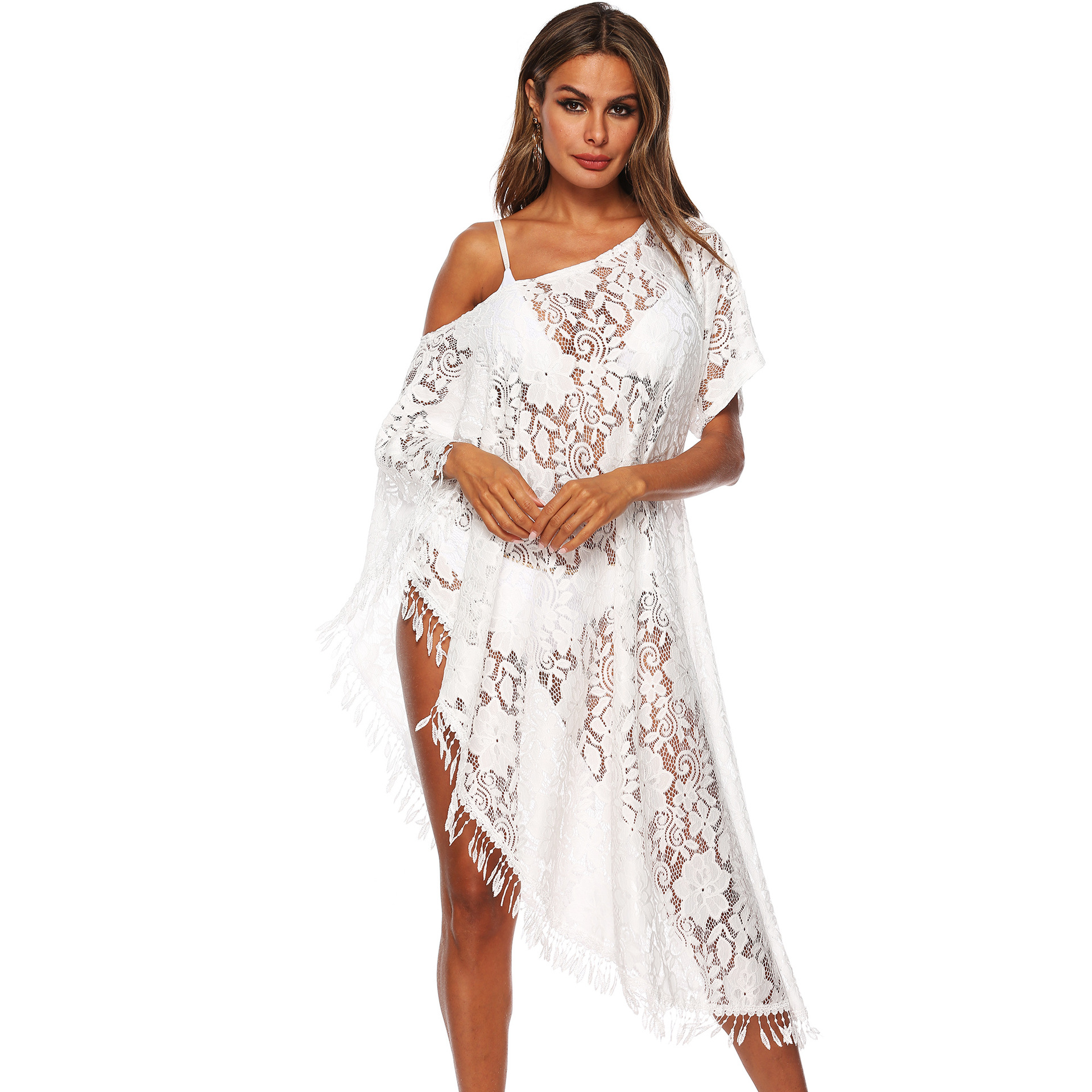 Lace Tassel Off Shoulder Dress Solid Color Asymmetrical Hem One Shoulder Design Beachwear for Summer Wholesale