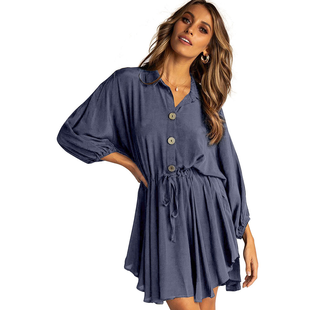 High Waist Pleated A Line Dress Long Sleeve Button Down Lapel Collar Knee Length Autumn Fashion Wholesale