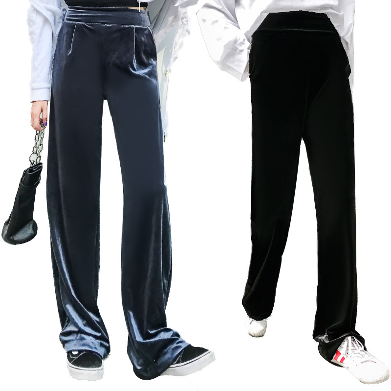 Velvet Wide Leg Trousers for Women High Waist Loose Fit Floor Length Solid Color Casual Wear Spring Collection