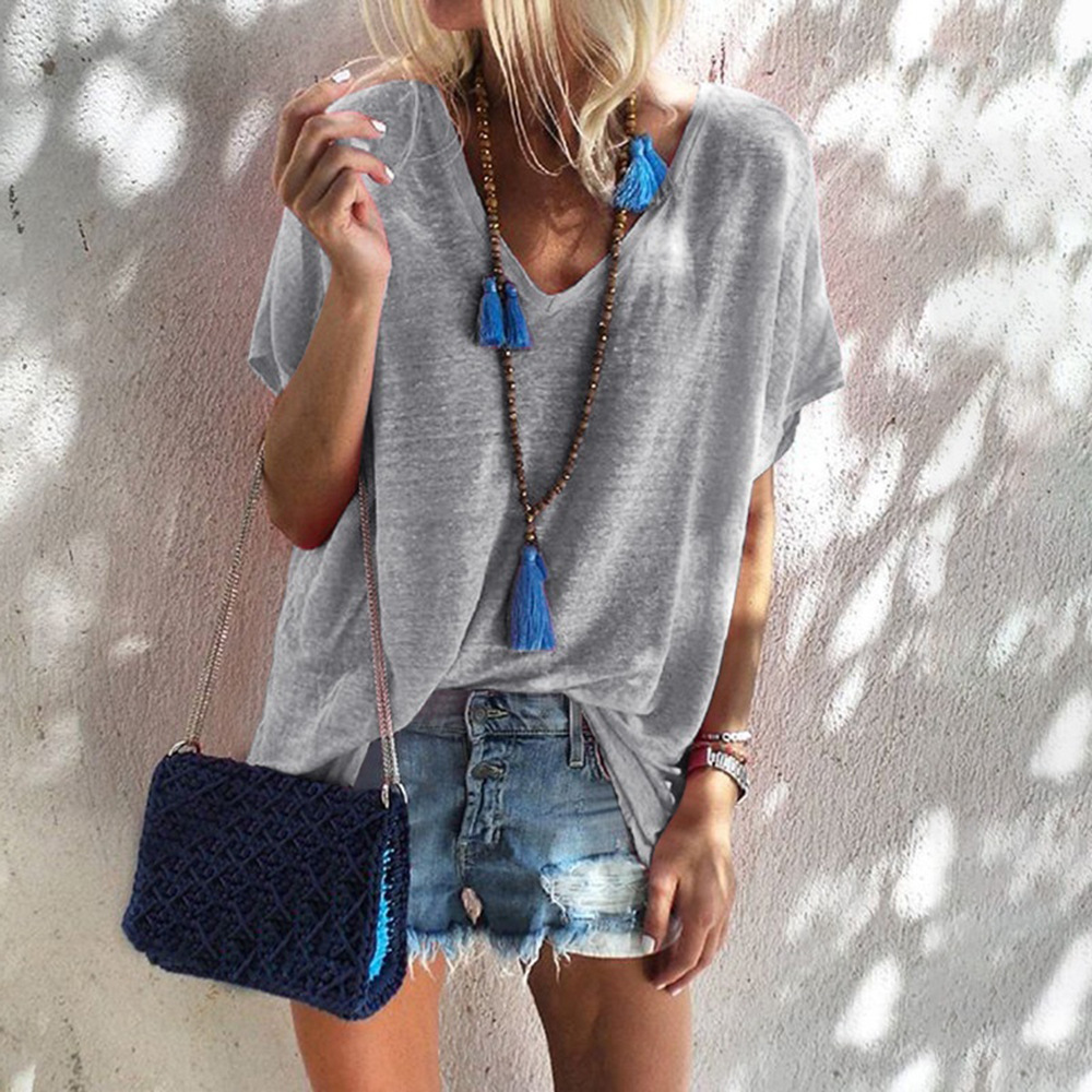 Plus Size Loose Fit V Neck Short Sleeve T Shirt for Women Summer Candy Colors Casual Wear Ready to Ship