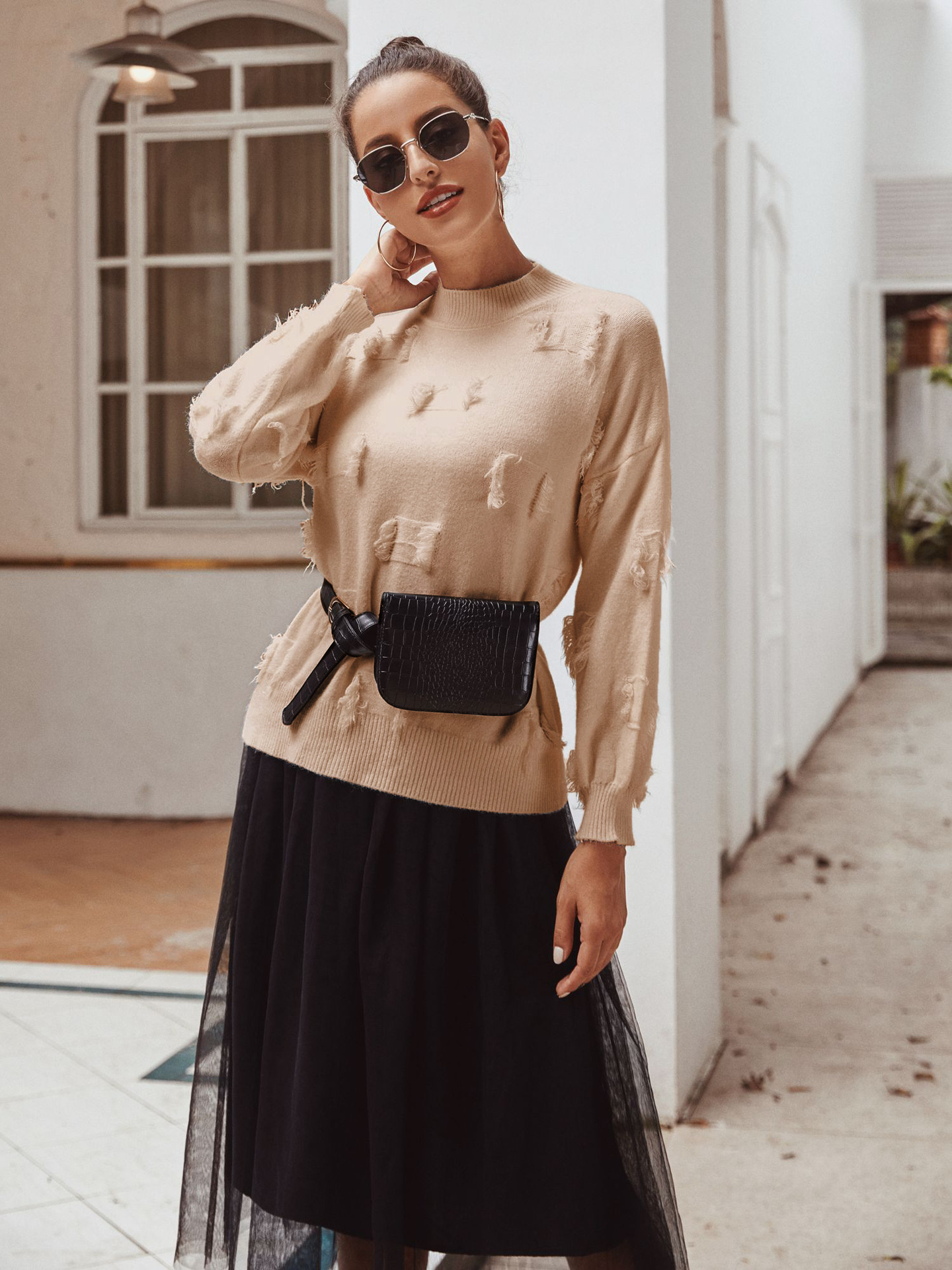 Womens Knit Sweater Slim Fit Lantern Sleeves Frayed Hem Winter Fashion for Casual Wear Wholesale Available