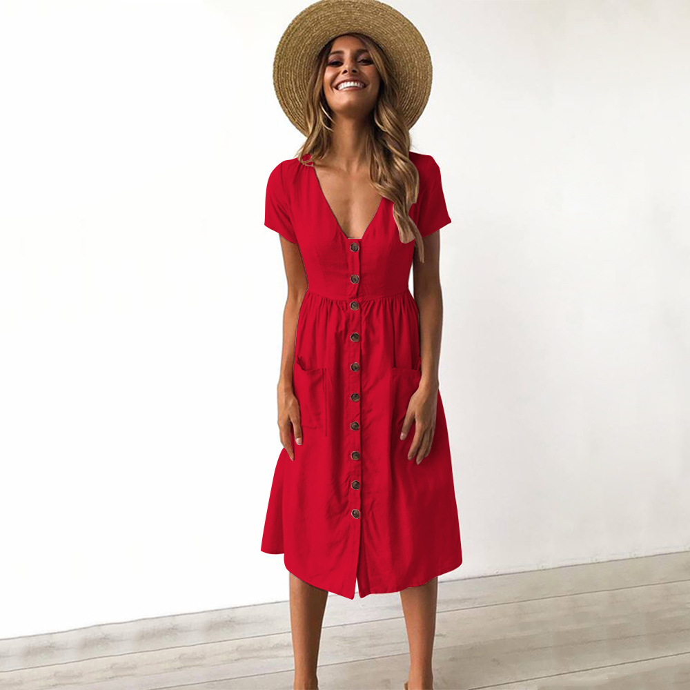 Summer High Waisted Dress V Neck Button Closure Pocket Design Available in Eight Colors Wholesale Supply