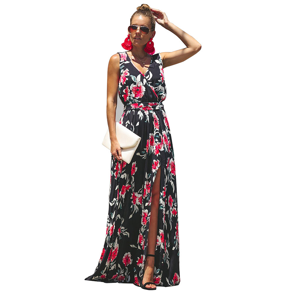 Summer Womens Dress Sleeveless V Neck Floral Print Split Hem Elastic Waist Casual Wear for Parties or Outings