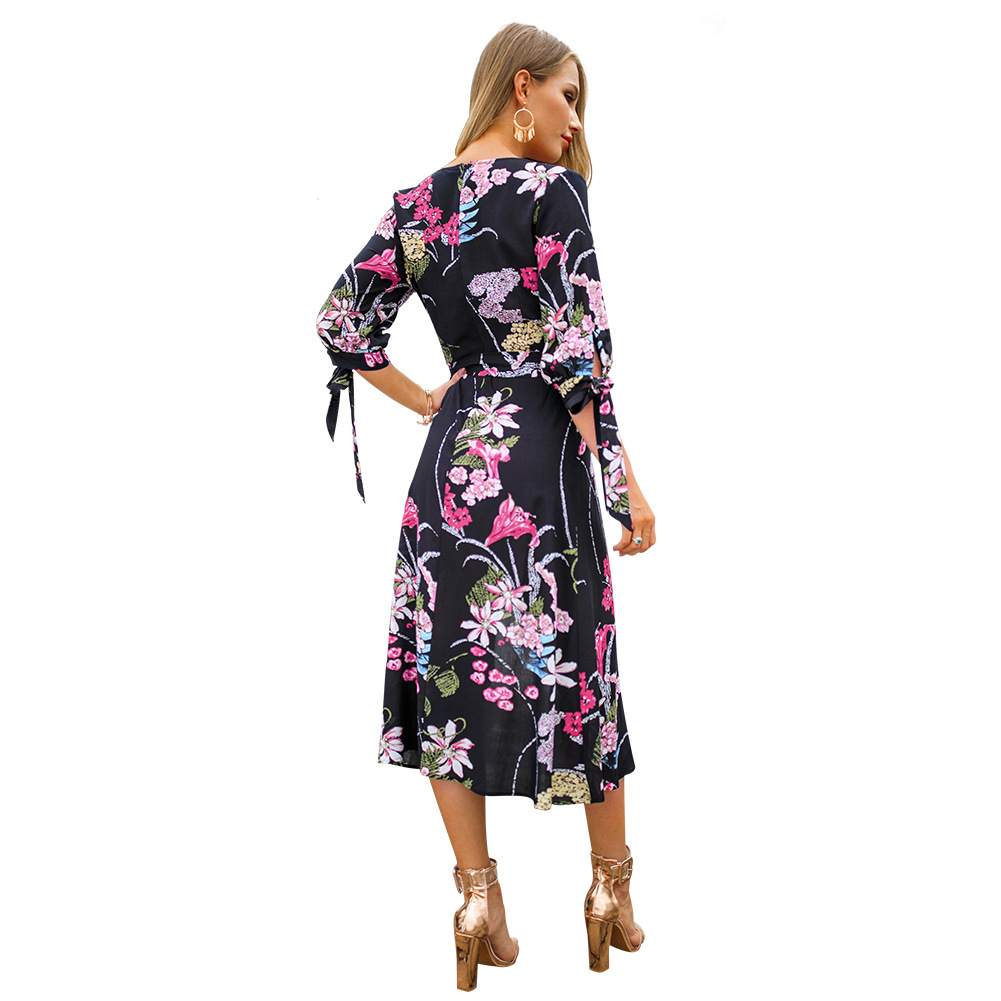 Floral Print V Neck Midi Dress Short Sleeve Spring Summer Style Perfect for Casual Outings Wholesale Available