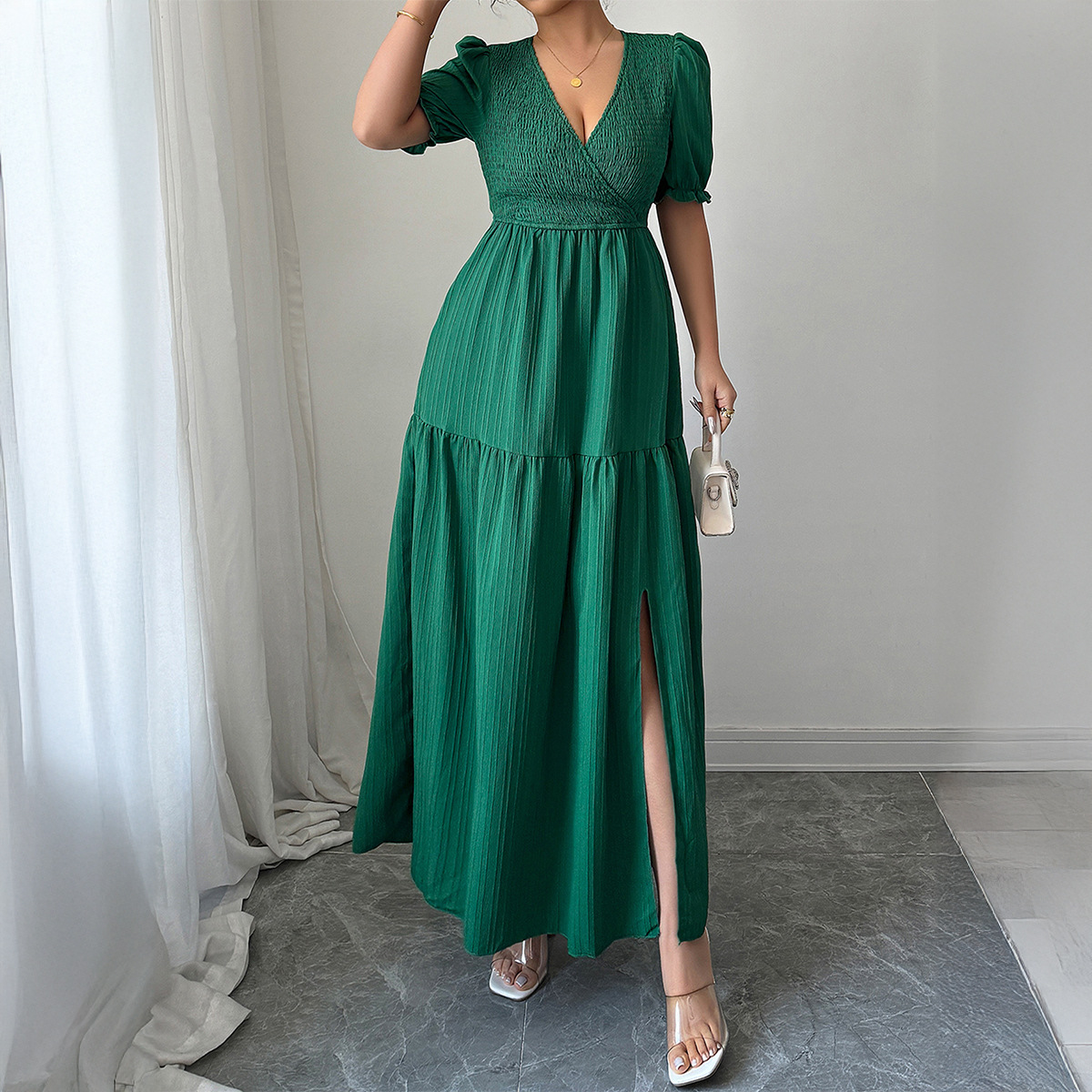 Elegant Solid Color Short Sleeve Long Dress for Women Autumn and Winter