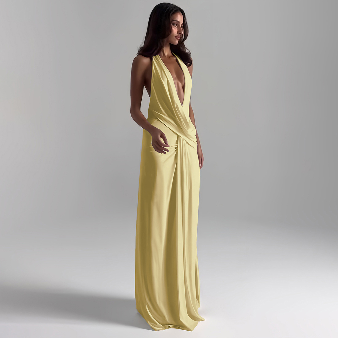 Fashionable Women's Backless Deep V Neck Halter Maxi Dress with Side Slits, Elegant Evening Gown for Cross Border Style