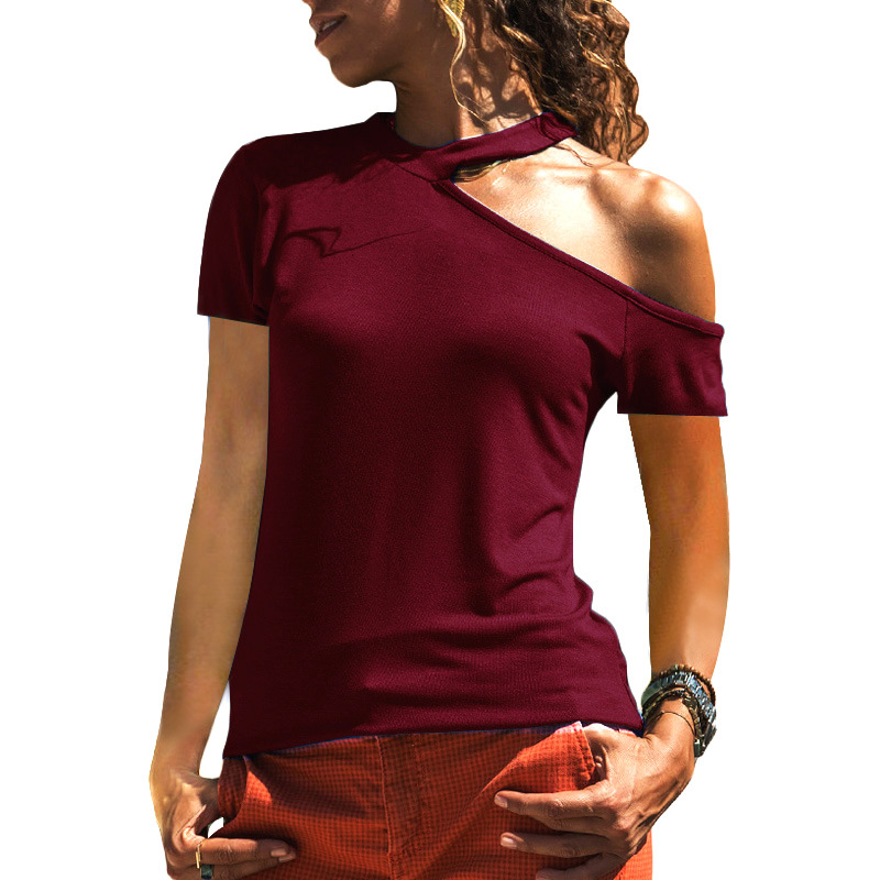 Womens Summer Casual Short Sleeve T Shirt Asymmetrical Shoulder Design Lightweight Fabric Trendy Style Wholesale