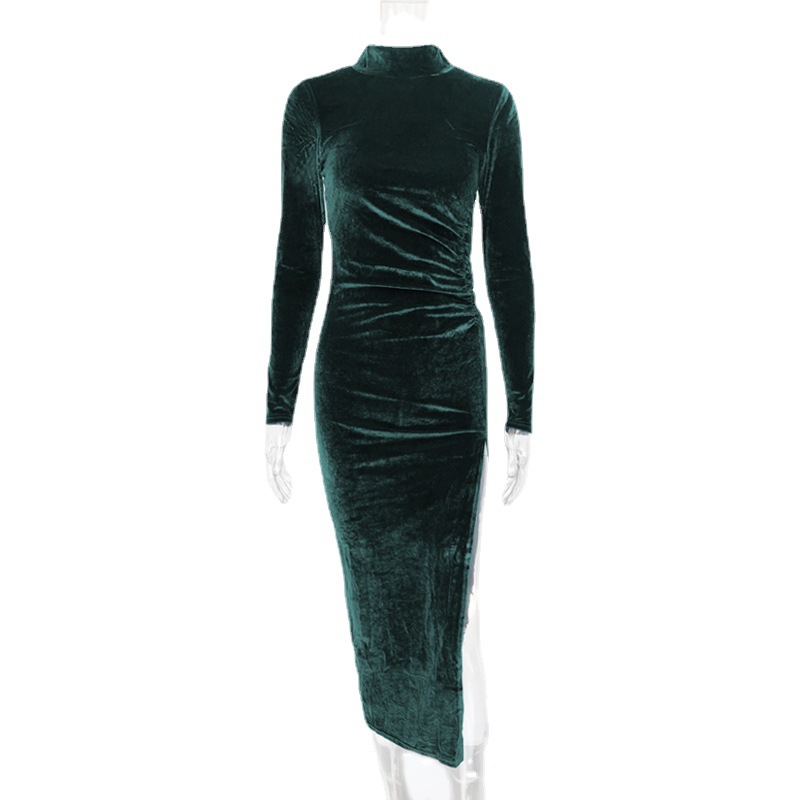 Elegant High Neck Long Sleeve Dress Pleated Design Side Slit Fashionable Style Perfect for Autumn and Winter Events