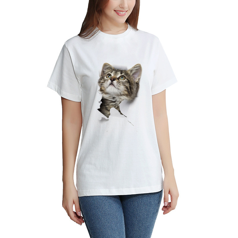 3D Printed Cat T Shirt Casual Summer Style Round Neck Short Sleeve Polyester Fabric Perfect for Couples Wholesale