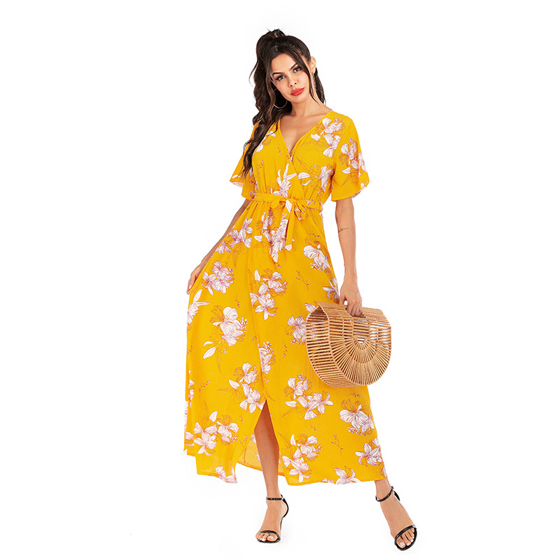 Floral Chiffon Dress V Neck Short Sleeve High Slit A Line Casual Beachwear Wholesale Available