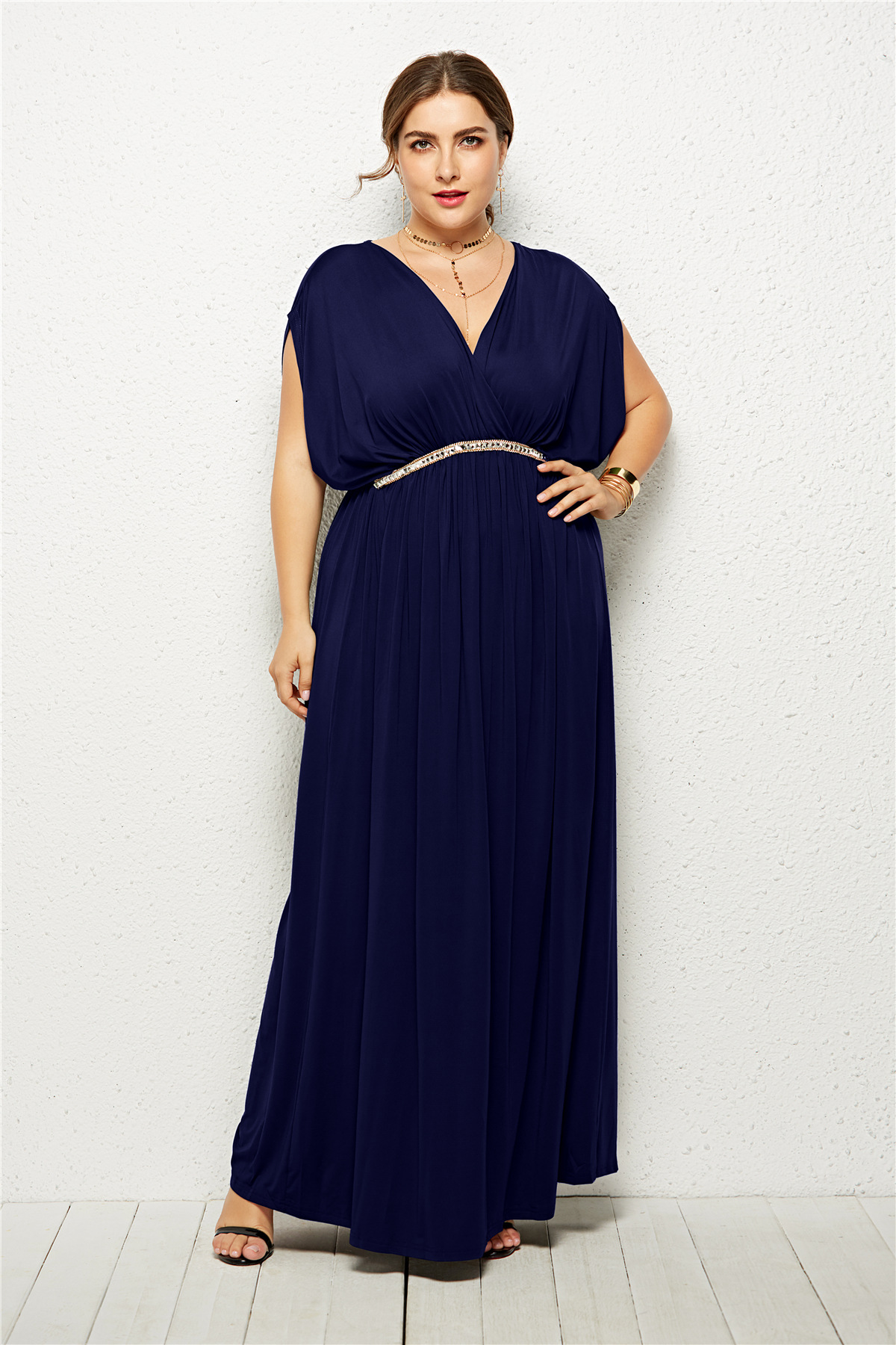Plus Size Batwing Sleeve Maxi Dress Sexy Deep V Neck High Waist Fashionable Design Evening Party Wear for Curvy Women