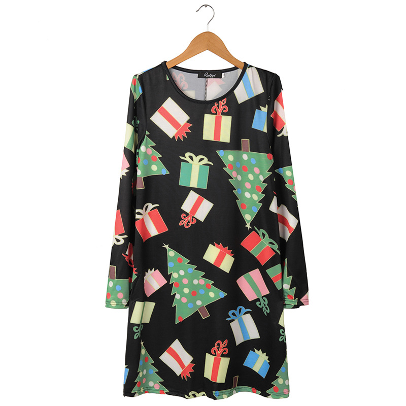 Christmas Dress for Women Long Sleeve Santa and Snowflake Print Mosaic Design Perfect for Holiday Parties Wholesale