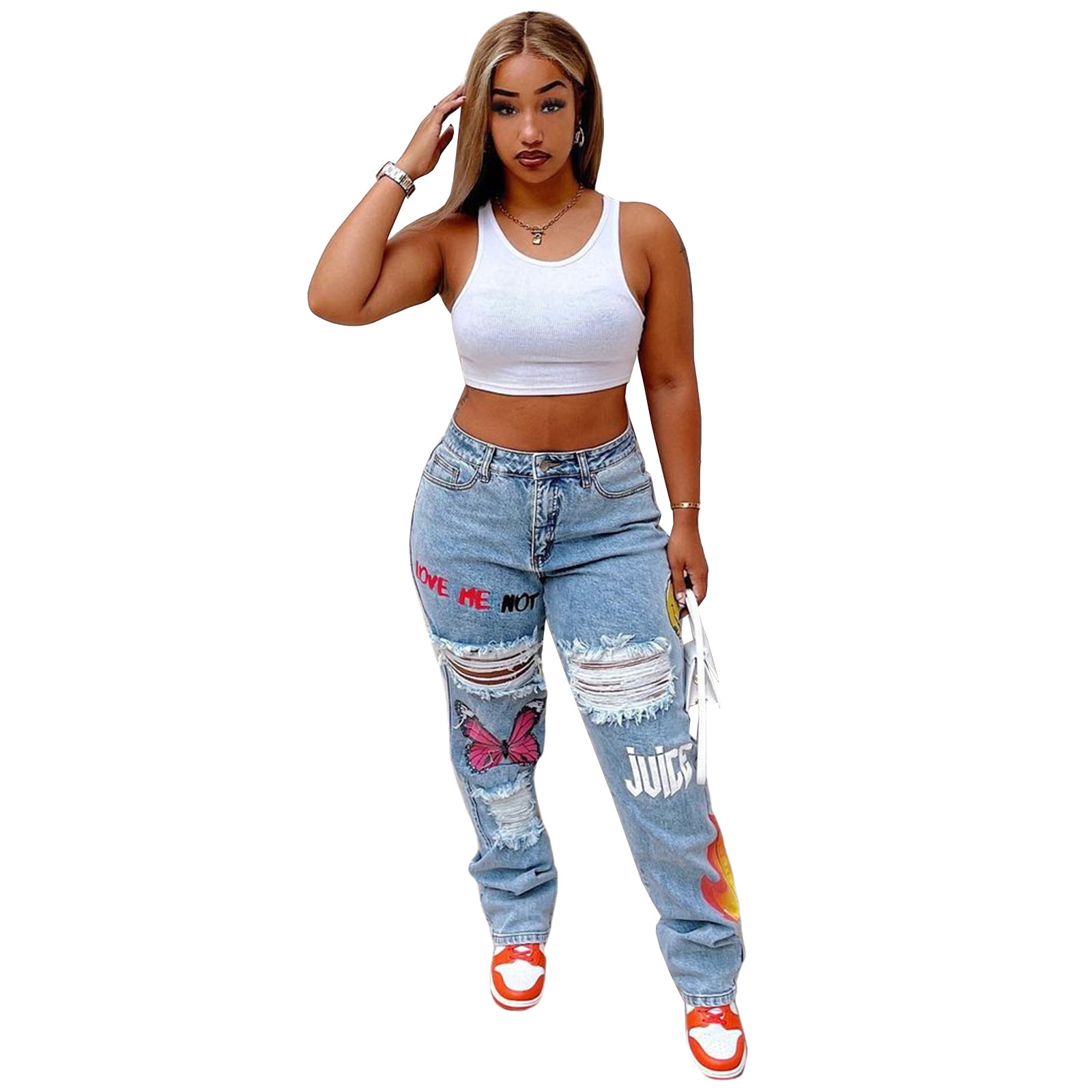 Fashionable Womens Distressed Denim Jeans Digital Print Sexy Style Casual Wear Wholesale Available