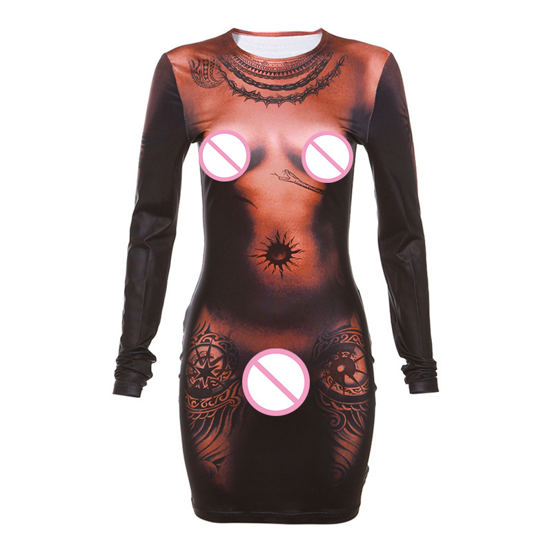 Fashionable and Personalized 3D Human Body Print Long Sleeve Slim Fit Bodycon Dress for Spring Summer