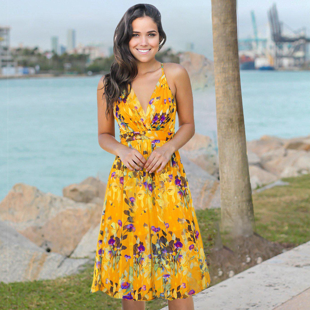 Bohemian Printed Maxi Dress V Neck Sleeveless High Waist Summer Style Perfect for Casual Outings Wholesale