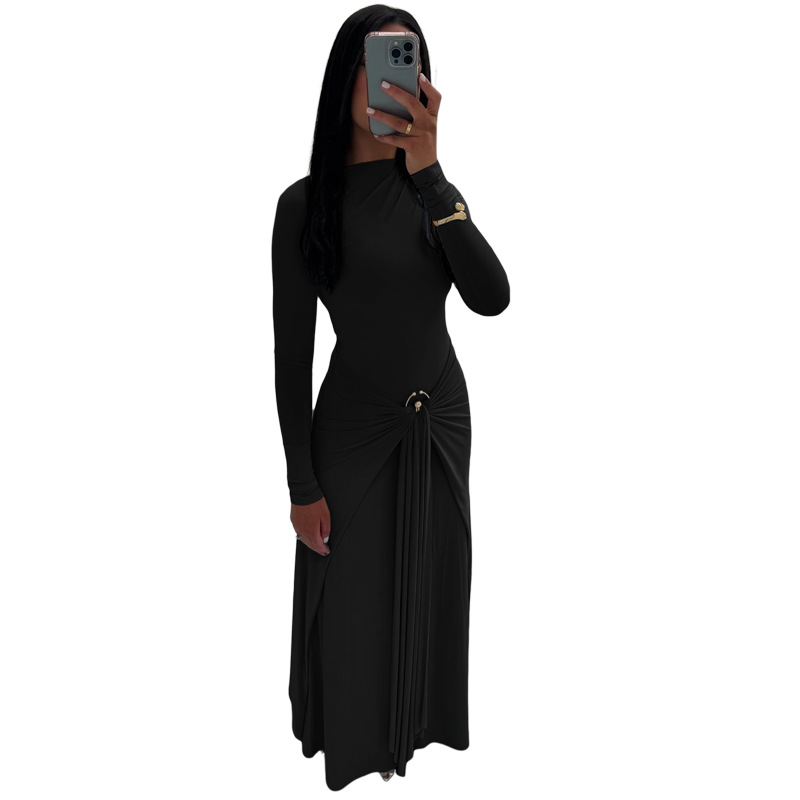 Elegant Long Sleeve Solid Color Dress with Decorative Ring and Tie for Women, Stylish Autumn Collection, Perfect for Various O
