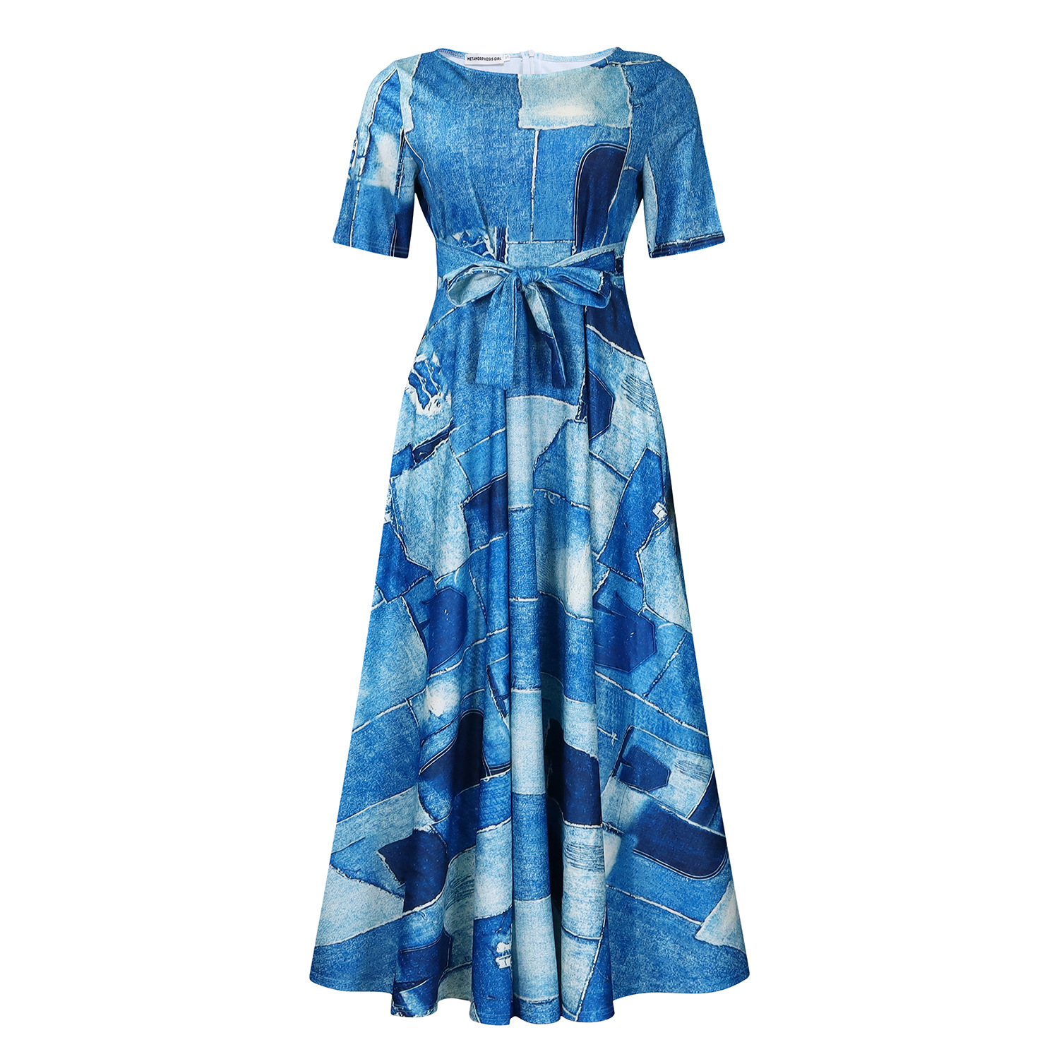 Fashionable Plus Size Short Sleeve A Line Dress with Tie for Women, Trendy African Style, Perfect for Cross Border Trade