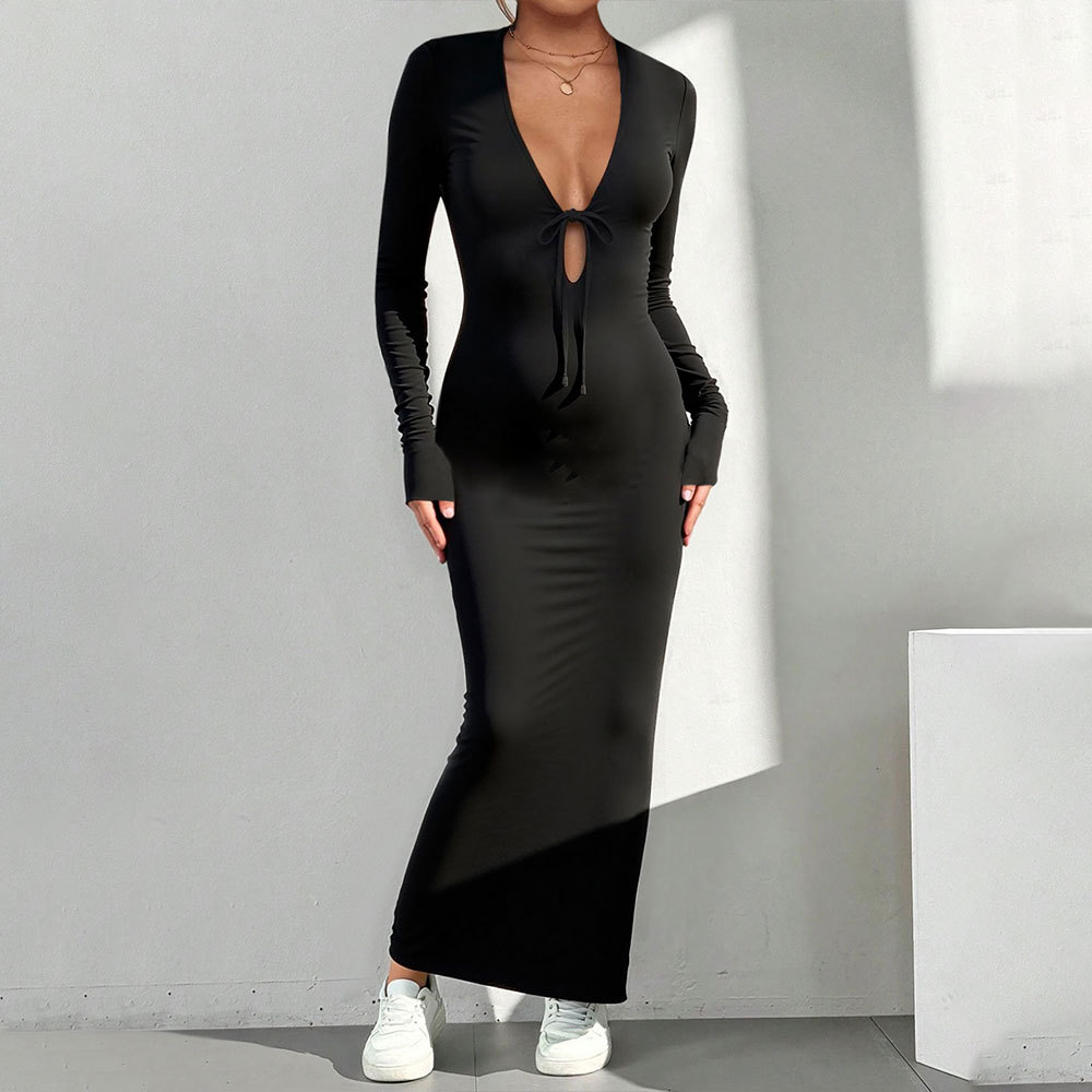 Sexy V neck Black Long Dress for Autumn and Winter, Elegant Party Dress