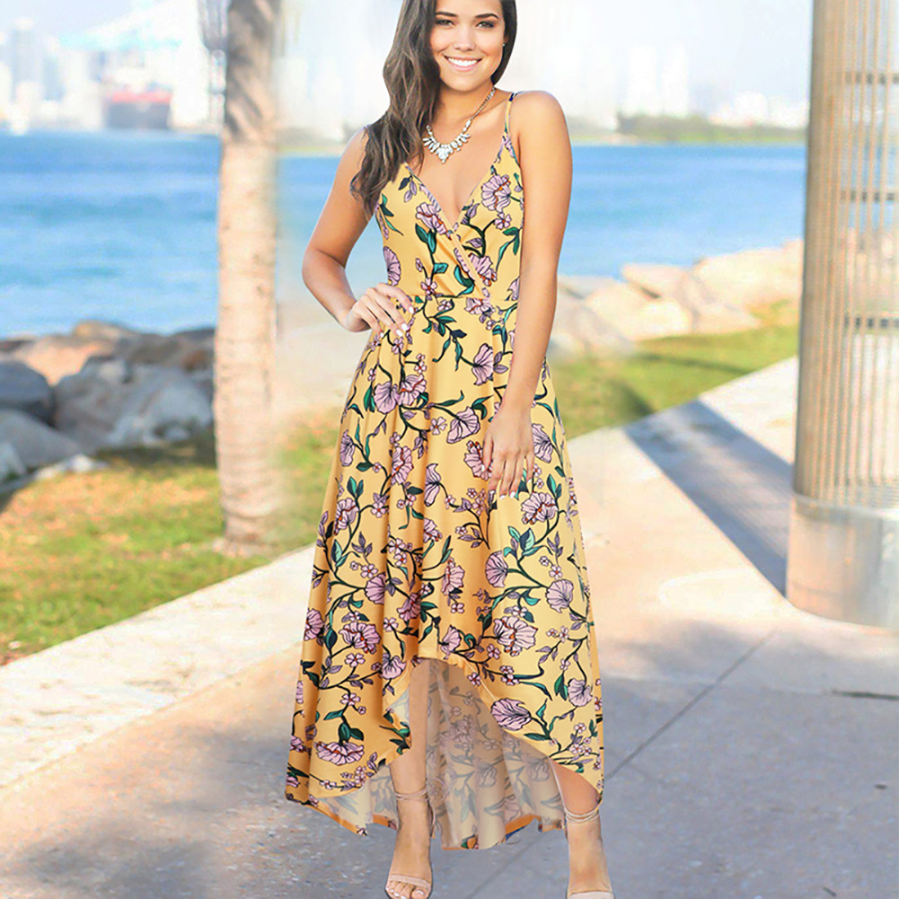 Womens Floral Maxi Dress V Neck High Waist Flared Hem Sleeveless Spring Summer Fashion Wholesale Available