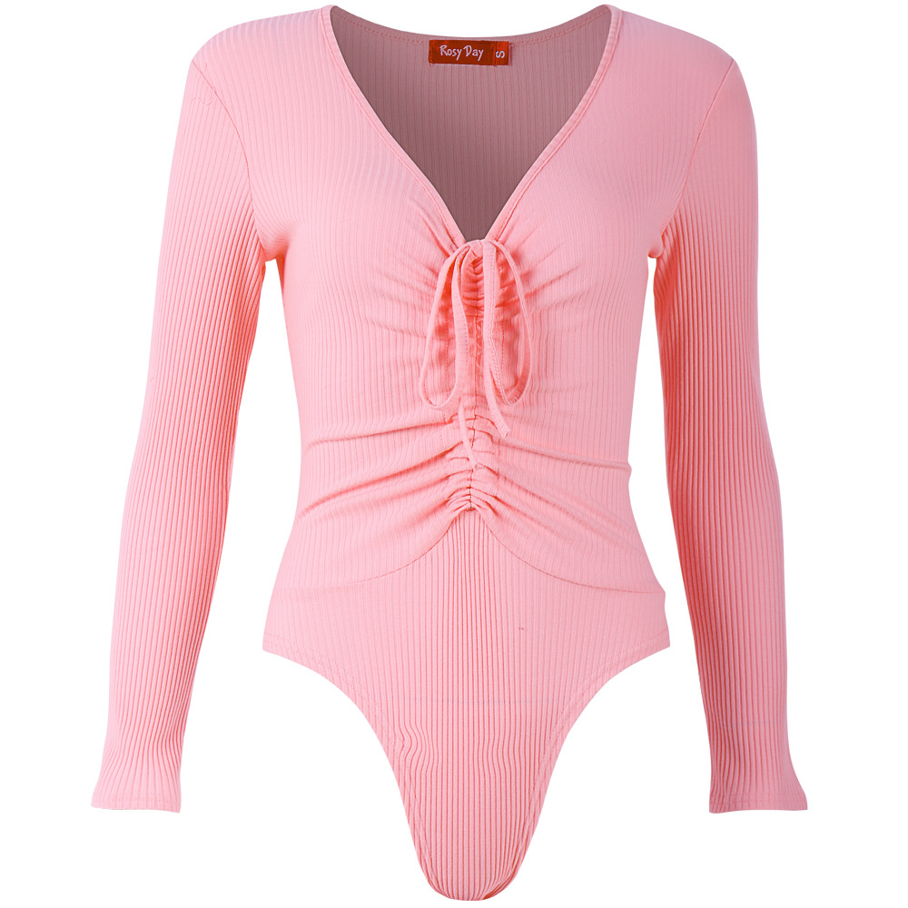 Deep V Neck Drawstring Triangle Jumpsuit Solid Color Knitted Stretch Fabric Casual Wear for Women Wholesale