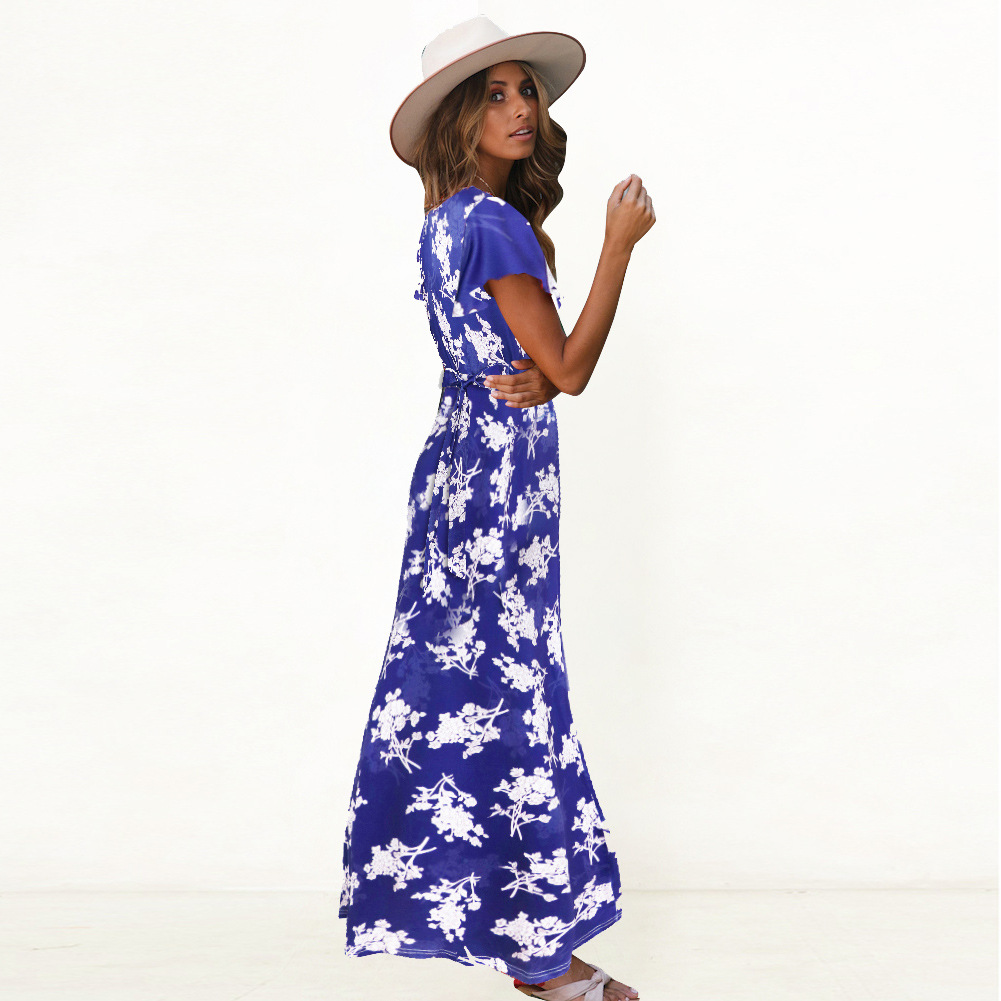 Bohemian Floral Maxi Dress V Neck Tie Detail Summer Style Perfect for Beachwear or Casual Outings Wholesale