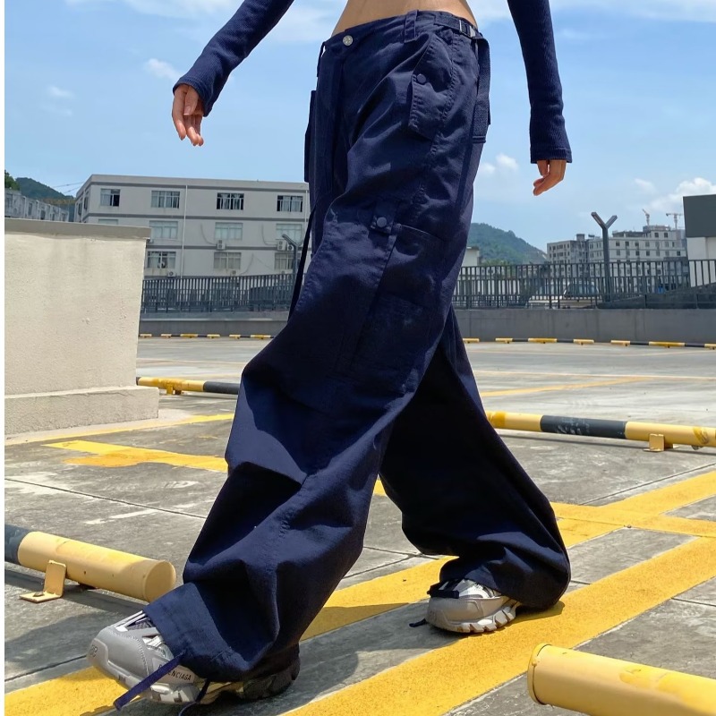 Vintage American Style Multi Pocket Cargo Pants for Women Loose Fit Drawstring Cuffs Casual Streetwear Wholesale