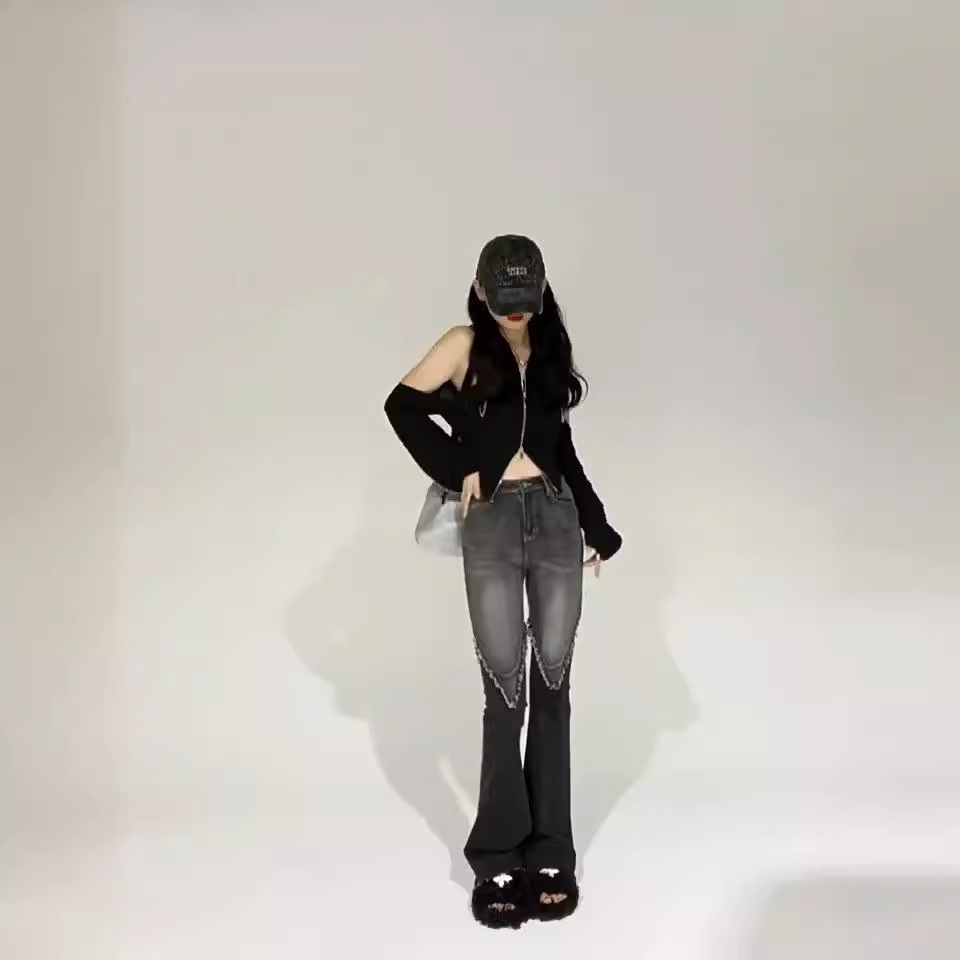 High Waisted Flare Jeans for Women Stretchy Gray Fringe Detail Trendy Street Style Wholesale Available