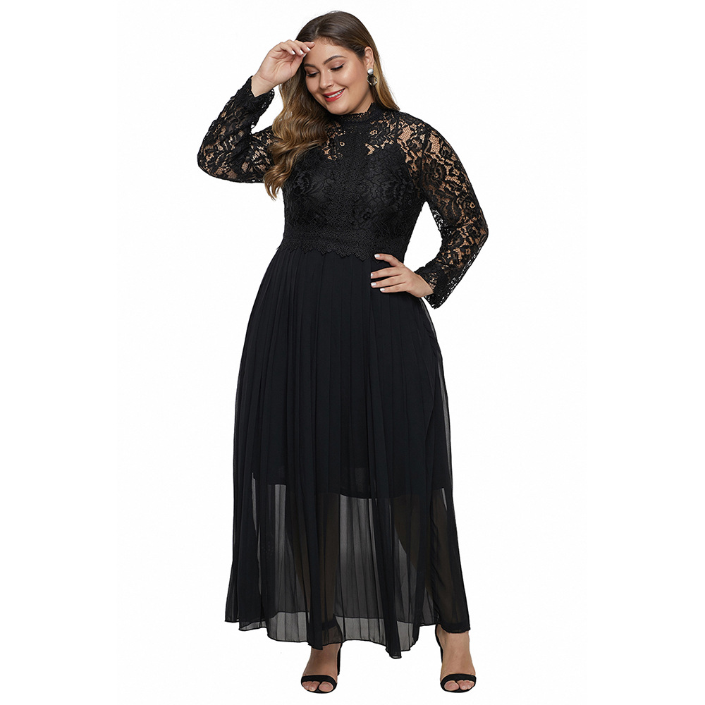 Plus Size High Neck Lace Hollow Out Long Sleeve Dress Elegant Design High Waist Perfect for Spring and Autumn