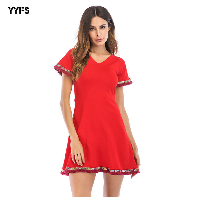 Vintage A Line Dress V Neck Back Tie Short Sleeve Waist Cinching Casual Wear for Women Wholesale Available