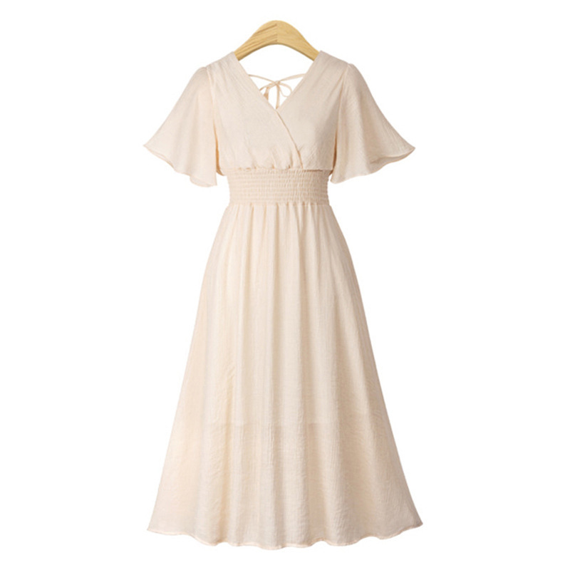 Chiffon Floral Print Dress V Neck Flared Sleeves Slim Fit Summer Casual Wear Wholesale Available