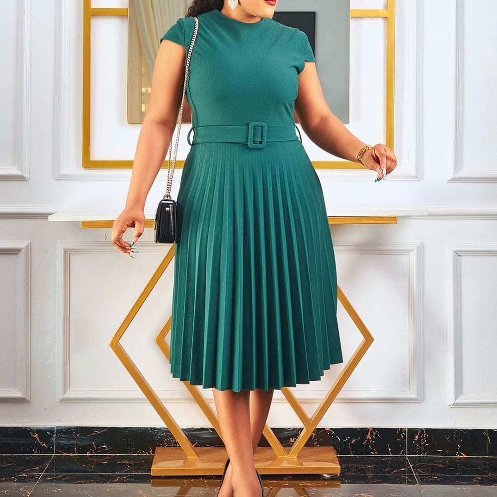 European Market Casual Dress — Short Sleeve, Solid Color, Stylish Tie Waist, Pleated Design, Slim Fit — Summer Wear — Wholesal