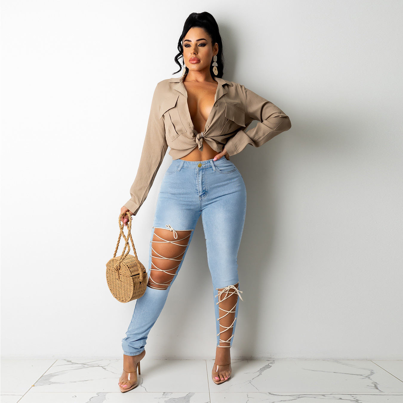 Fashionable Womens Denim Pants Creative Tie Design High Waist Casual Style Perfect for Autumn and Winter Wholesale
