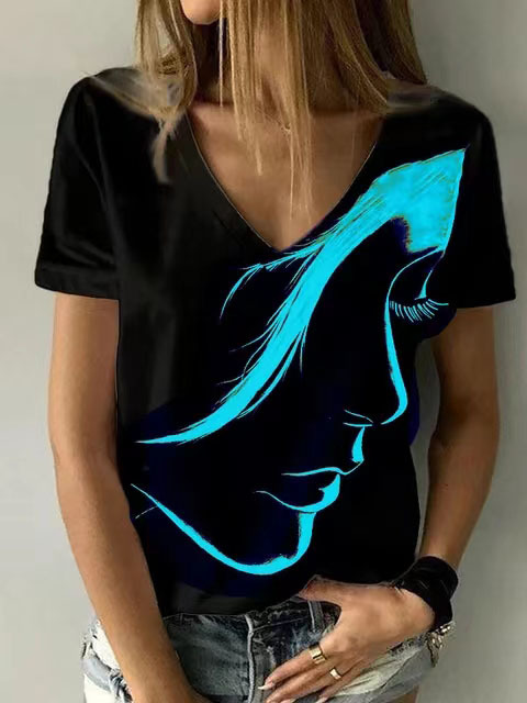 V Neck Printed Short Sleeve T Shirt for Women Casual Style Lightweight Fabric Trendy Design Wholesale Available