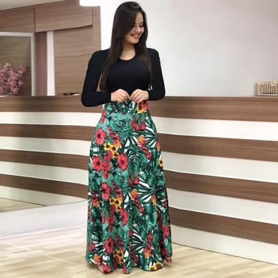 Floral Print Color Block Long Sleeve Maxi Dress Elegant Design Comfortable Fabric Perfect for Spring Summer Wholesale