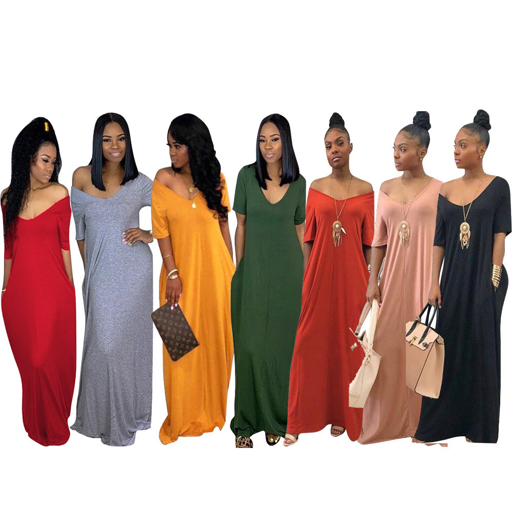 Casual Short Sleeve Pocket Dress Solid Color Relaxed Fit Comfortable Fabric Perfect for Summer Outings Wholesale