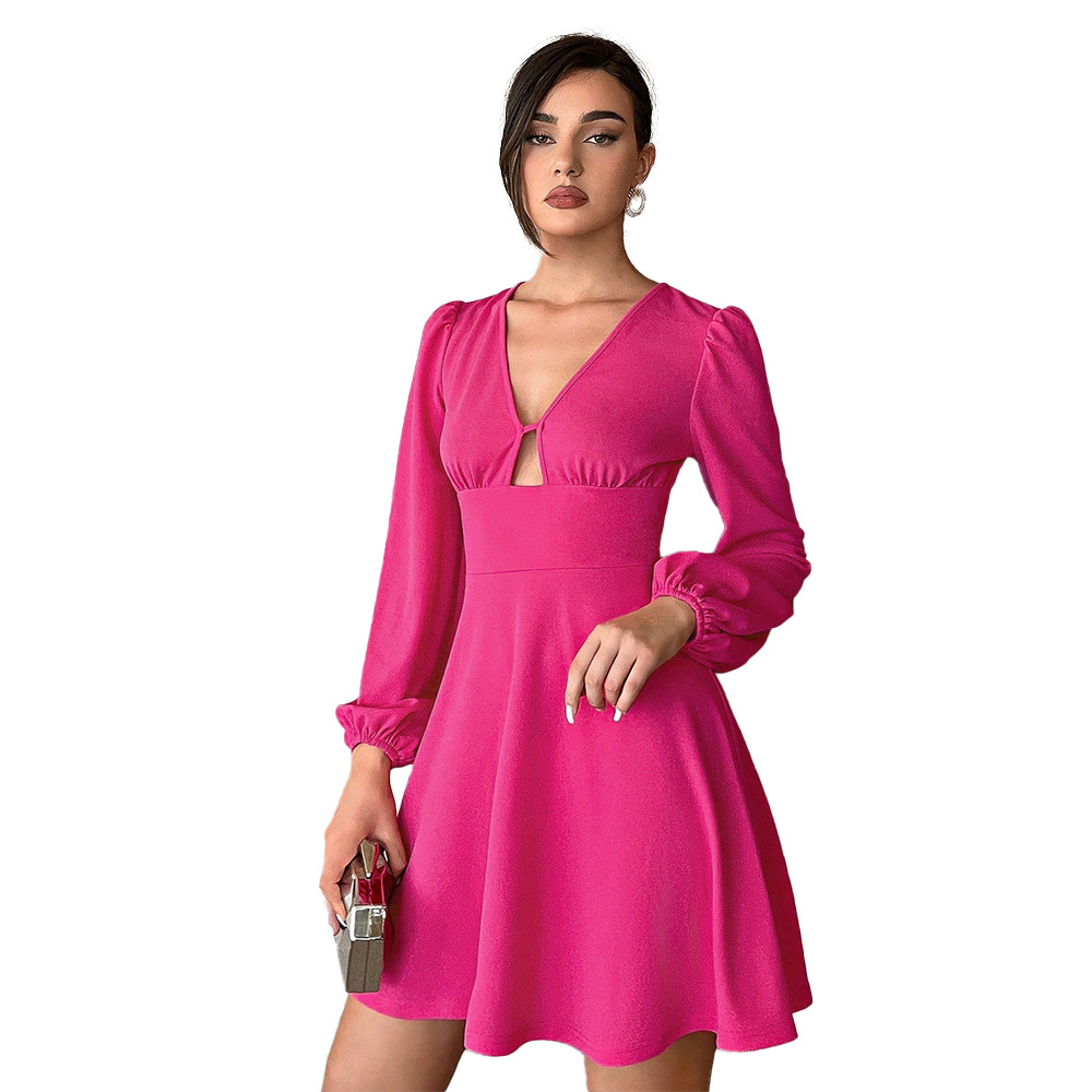 Autumn Winter New Waist Slimming V neck Puff Sleeve A line Mini Dress