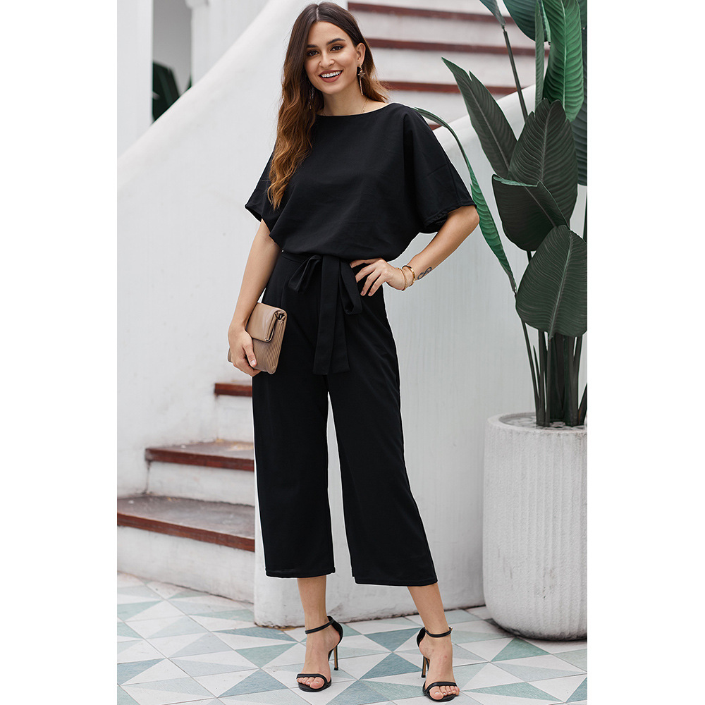 High Waisted Loose Wide Leg Jumpsuit for Women Short Sleeve Solid Color European Style Summer Casual Wear Wholesale