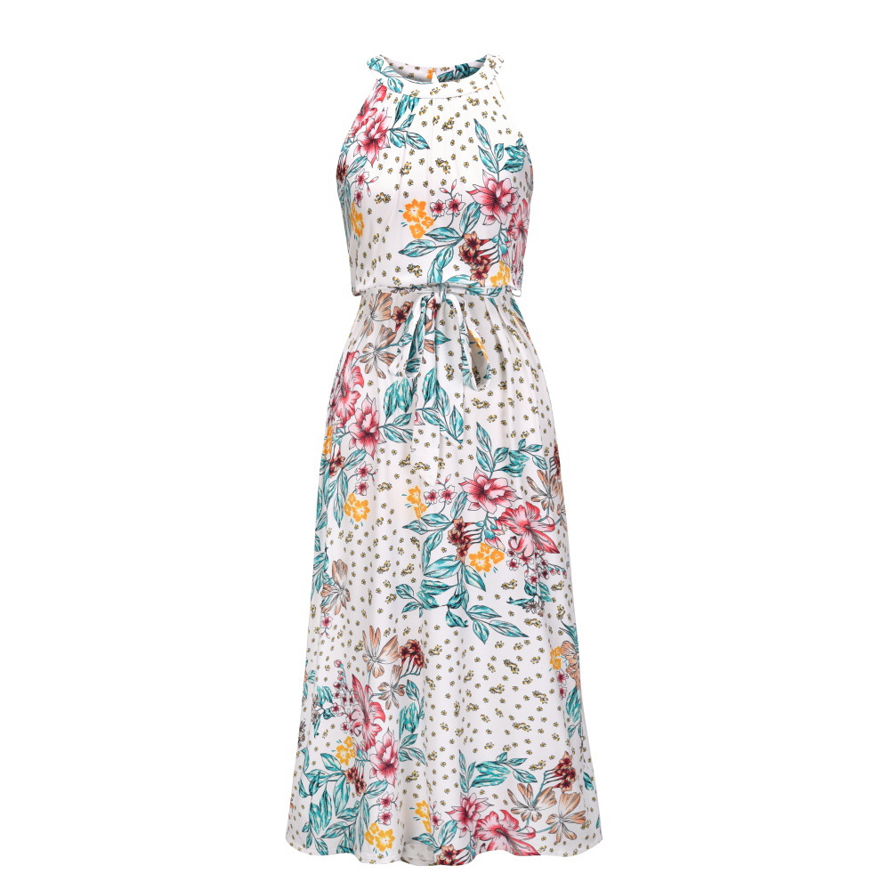 Womens Floral Print Maxi Dress Halter Neck Zipper Closure Lightweight Fabric Spring Summer Fashion Wholesale