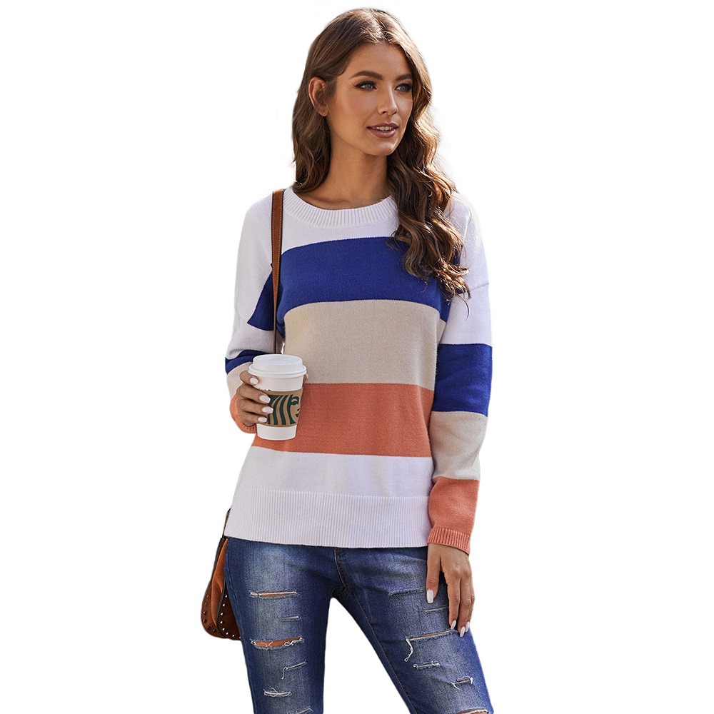 Color Block Sweater for Women Round Neck Long Sleeve Knit Fabric Autumn Winter Casual Wear Wholesale Available