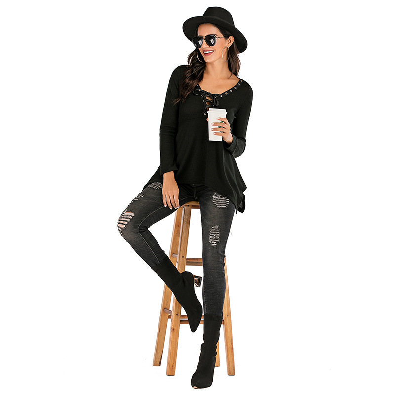 V Neck Loose Womens Sweatshirt Casual Lightweight Solid Color T Shirt Spring Fashion Wholesale Available
