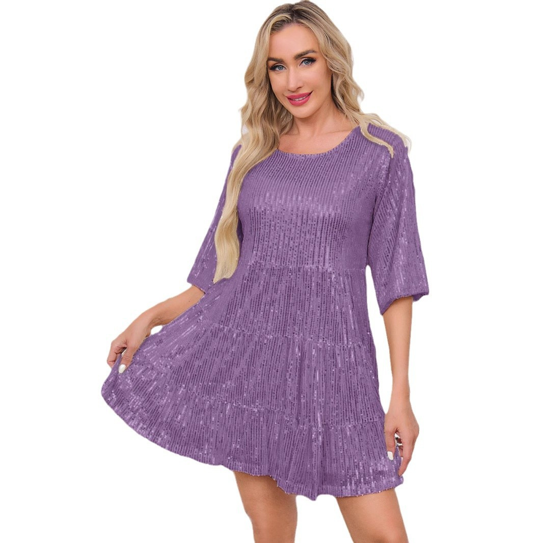 European and American Market Fashionable Solid Color Loose Waist Short Sleeve Mini Dress — Sparkling Sequins, Elegant Design