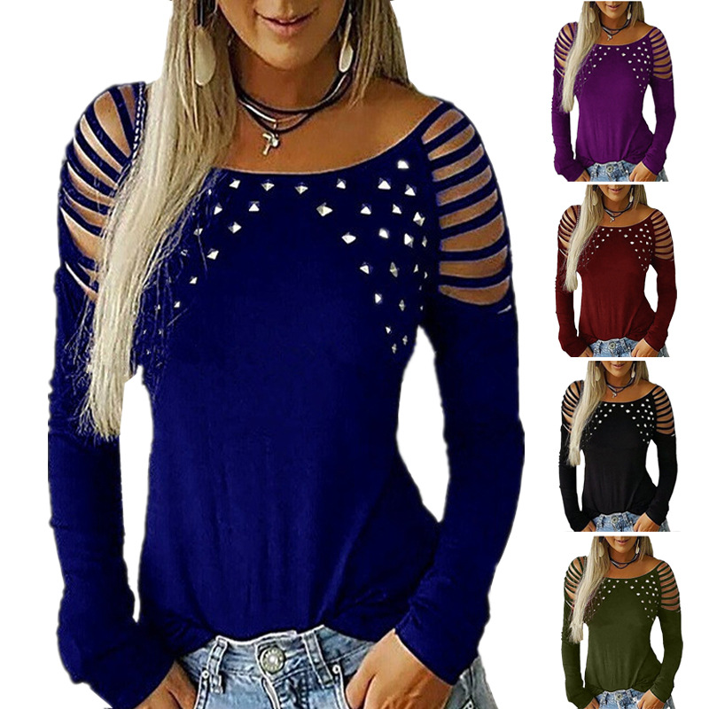 Long Sleeve T Shirt for Women Solid Color Rhinestone Detail Casual Style Perfect for Autumn and Winter Wholesale