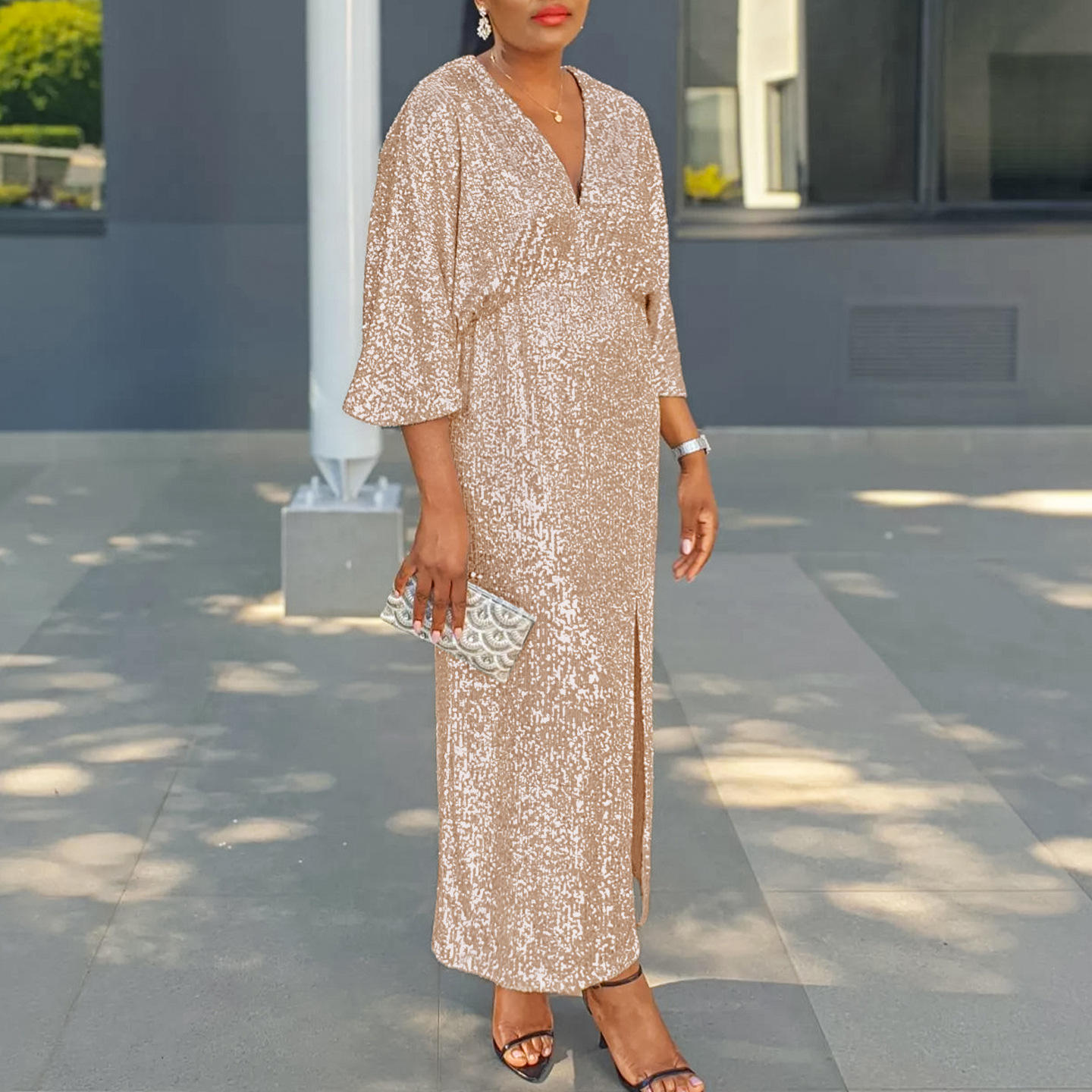 D3308 Plus Size Women's Autumn New Loose V Neck Fashion Sequined Split Long Dress African Plus Size Dress